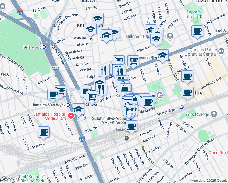 map of restaurants, bars, coffee shops, grocery stores, and more near 88-15 145th Street in Queens