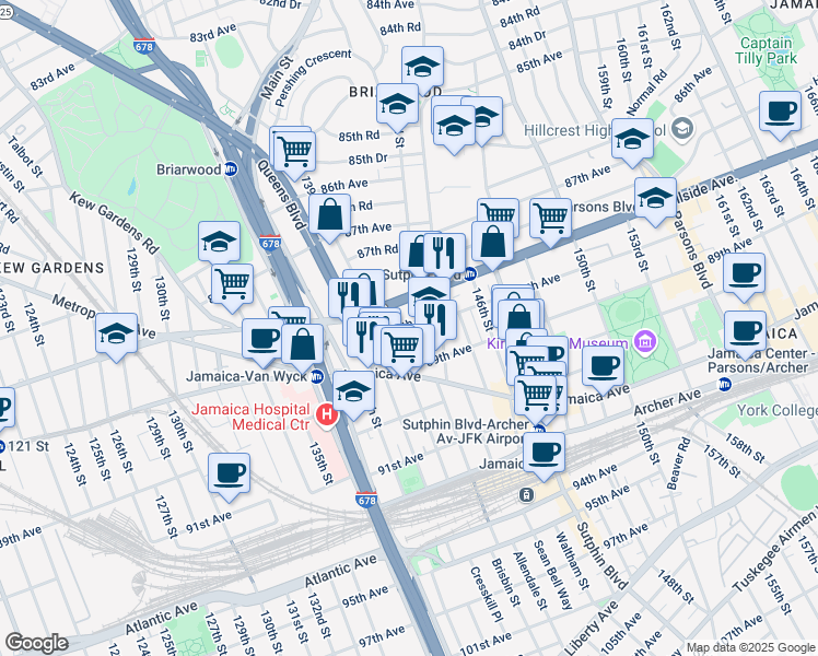 map of restaurants, bars, coffee shops, grocery stores, and more near 139-09 88th Avenue in Queens