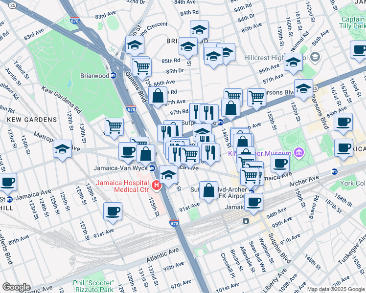 map of restaurants, bars, coffee shops, grocery stores, and more near 139-09 88th Avenue in Queens