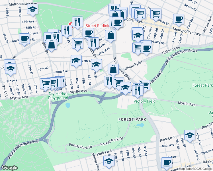 map of restaurants, bars, coffee shops, grocery stores, and more near 87-47 81st Avenue in Queens