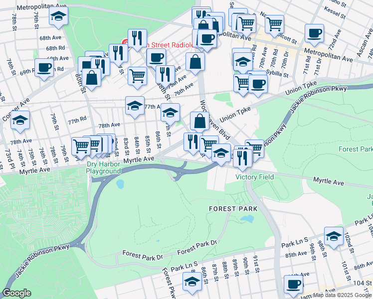 map of restaurants, bars, coffee shops, grocery stores, and more near 87-47 81st Avenue in Queens