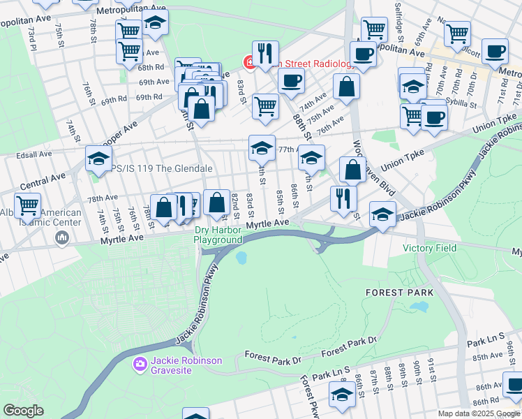 map of restaurants, bars, coffee shops, grocery stores, and more near 78-57 84th Street in Queens
