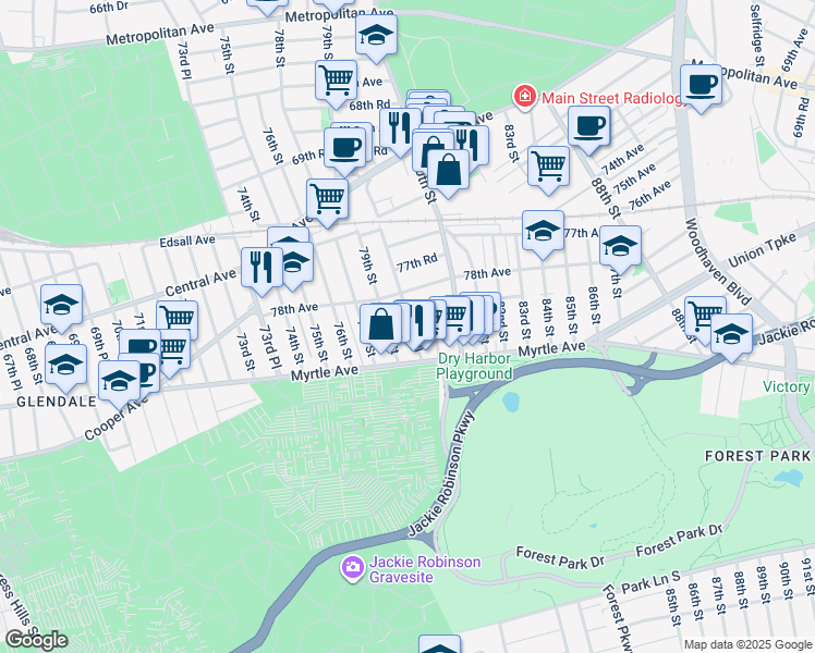 map of restaurants, bars, coffee shops, grocery stores, and more near 78-30 79th Place in Queens