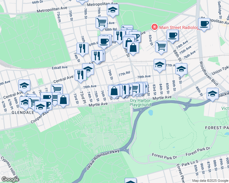 map of restaurants, bars, coffee shops, grocery stores, and more near 78-21 78th Street in Queens
