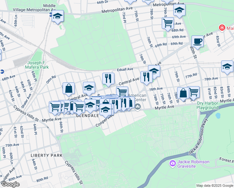 map of restaurants, bars, coffee shops, grocery stores, and more near 71-27 71st Place in Queens