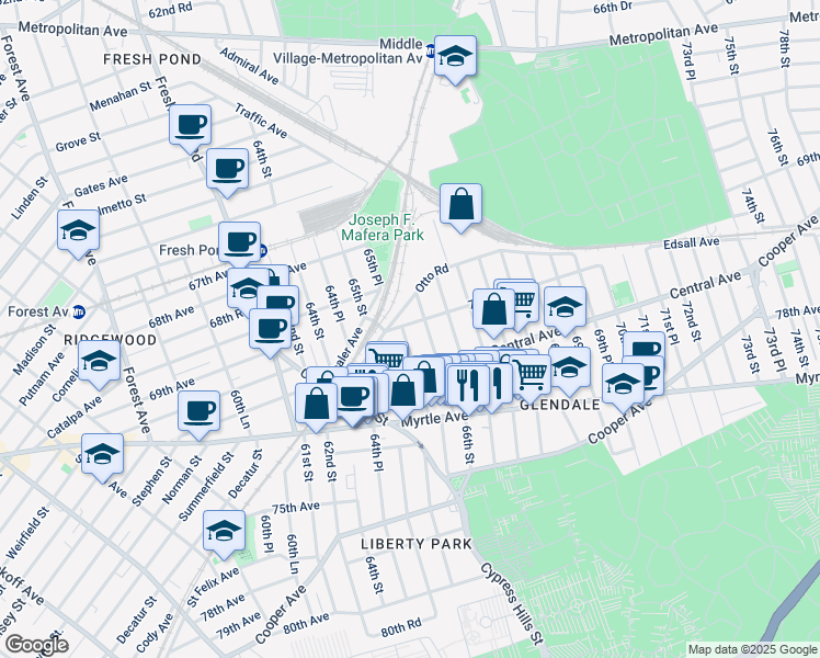 map of restaurants, bars, coffee shops, grocery stores, and more near 70-01 65th Place in Queens