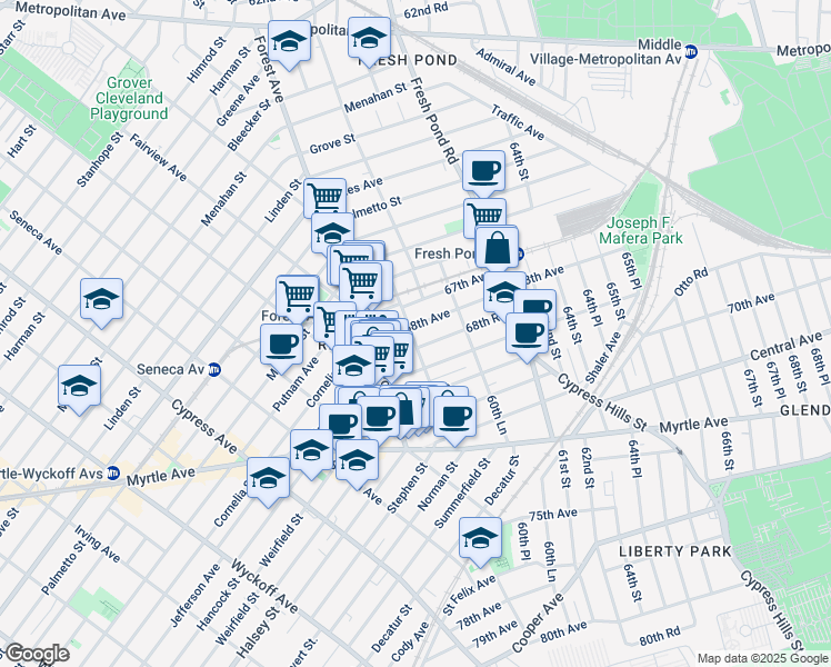 map of restaurants, bars, coffee shops, grocery stores, and more near 67-24 60th Street in Queens