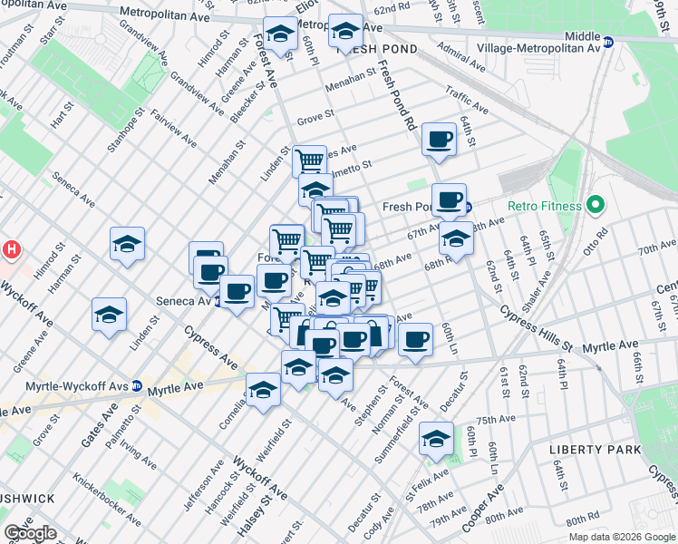 map of restaurants, bars, coffee shops, grocery stores, and more near in Queens