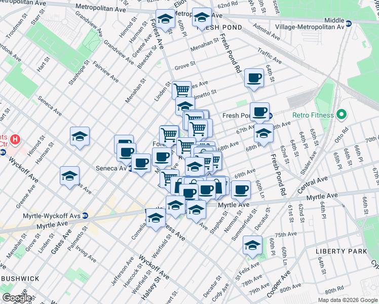 map of restaurants, bars, coffee shops, grocery stores, and more near in Queens