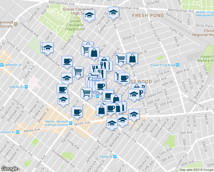 map of restaurants, bars, coffee shops, grocery stores, and more near 6-89 Onderdonk Avenue in Queens