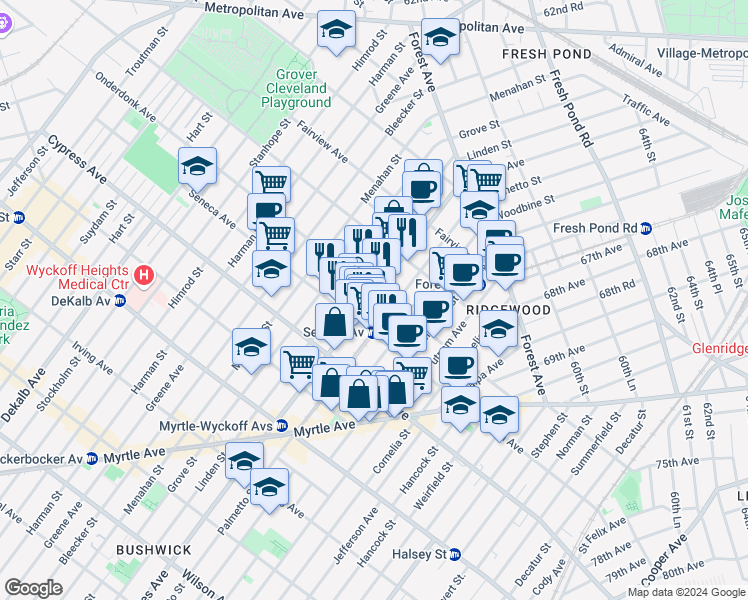 map of restaurants, bars, coffee shops, grocery stores, and more near 1827 Gates Avenue in Queens