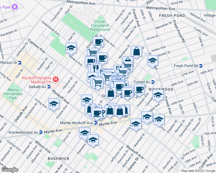 map of restaurants, bars, coffee shops, grocery stores, and more near 6-05 Seneca Avenue in Queens