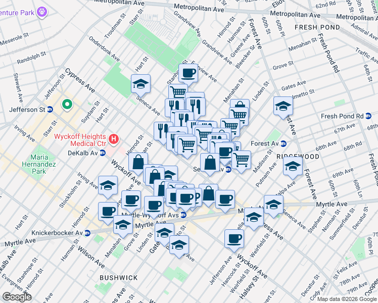 map of restaurants, bars, coffee shops, grocery stores, and more near 17-38 Menahan Street in Queens