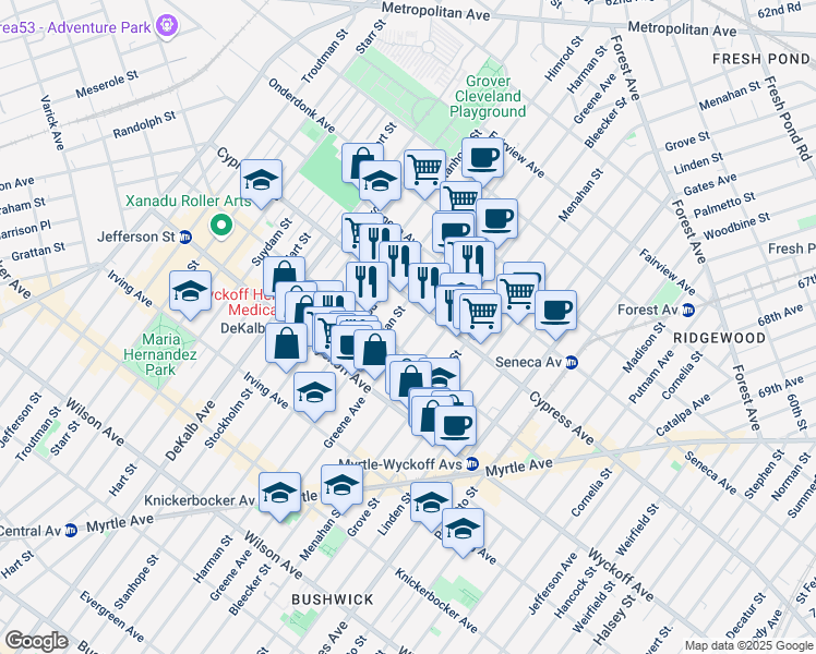 map of restaurants, bars, coffee shops, grocery stores, and more near 1519 Greene Avenue in Brooklyn