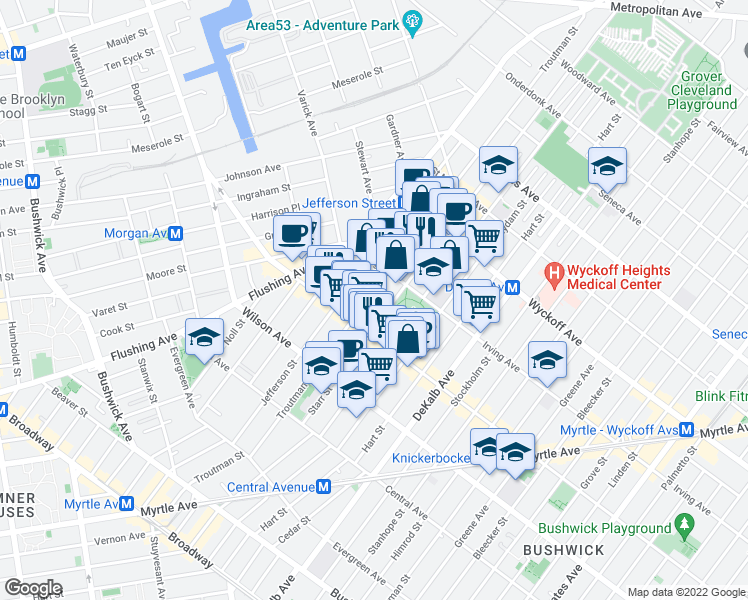 map of restaurants, bars, coffee shops, grocery stores, and more near 163 Starr Street in Brooklyn