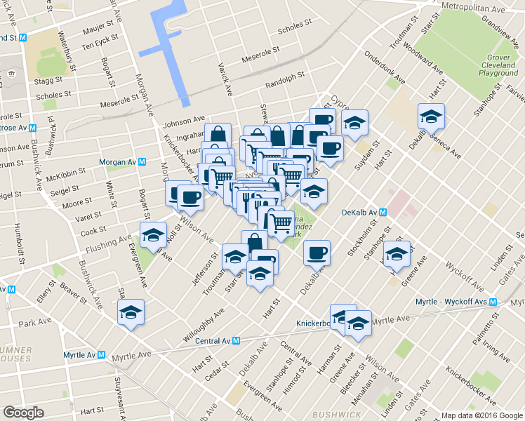 map of restaurants, bars, coffee shops, grocery stores, and more near 272 1/2 Jefferson Street in Brooklyn