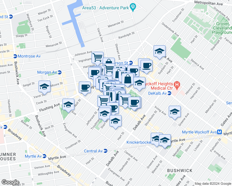 map of restaurants, bars, coffee shops, grocery stores, and more near 272 1/2 Jefferson Street in Brooklyn