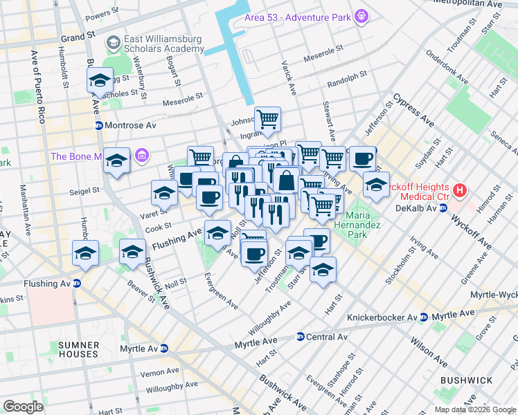 map of restaurants, bars, coffee shops, grocery stores, and more near in Brooklyn