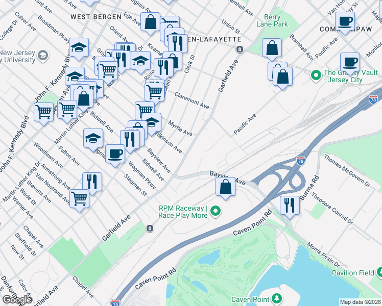 map of restaurants, bars, coffee shops, grocery stores, and more near 65 Commercial Street in Jersey City