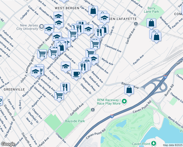 map of restaurants, bars, coffee shops, grocery stores, and more near 65 Bayview Avenue in Jersey City