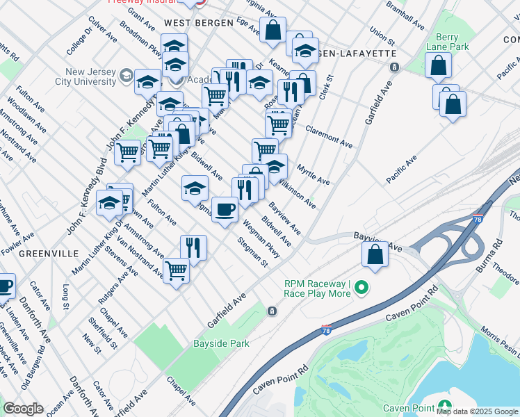 map of restaurants, bars, coffee shops, grocery stores, and more near 65 Bayview Avenue in Jersey City