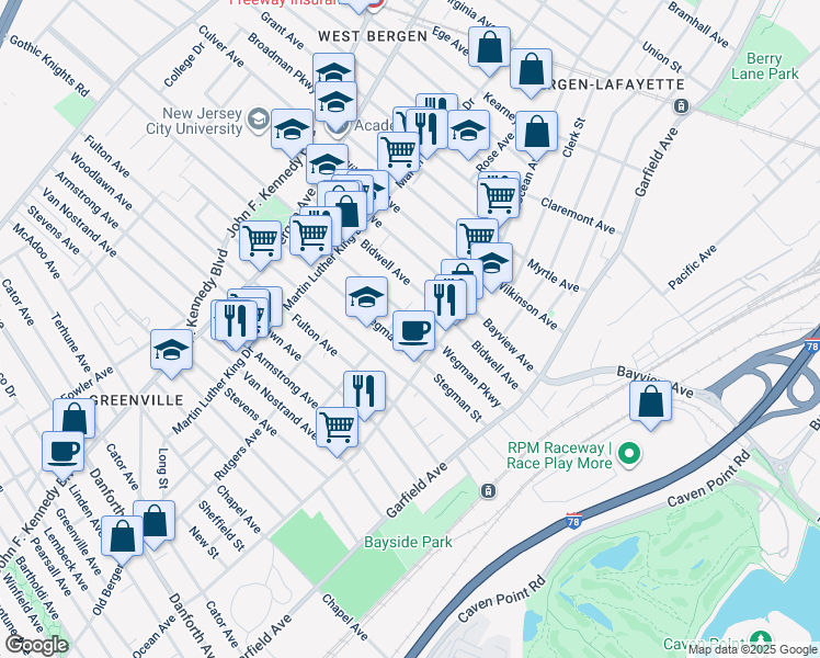 map of restaurants, bars, coffee shops, grocery stores, and more near 86 Van Cleef Street in Jersey City