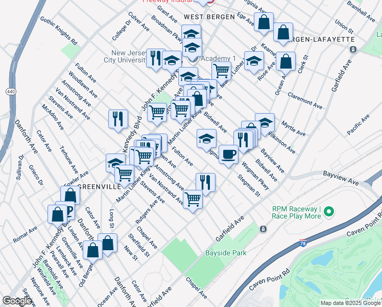 map of restaurants, bars, coffee shops, grocery stores, and more near 175 Dwight Street in Jersey City