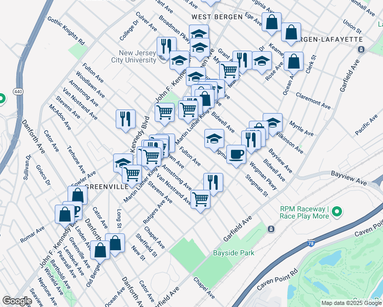 map of restaurants, bars, coffee shops, grocery stores, and more near 175 Dwight Street in Jersey City