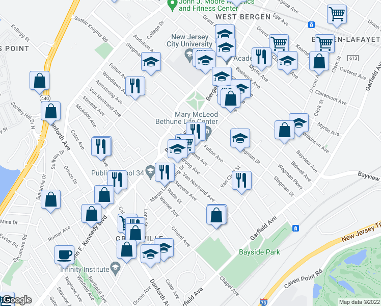 map of restaurants, bars, coffee shops, grocery stores, and more near 189 Woodlawn Avenue in Jersey City