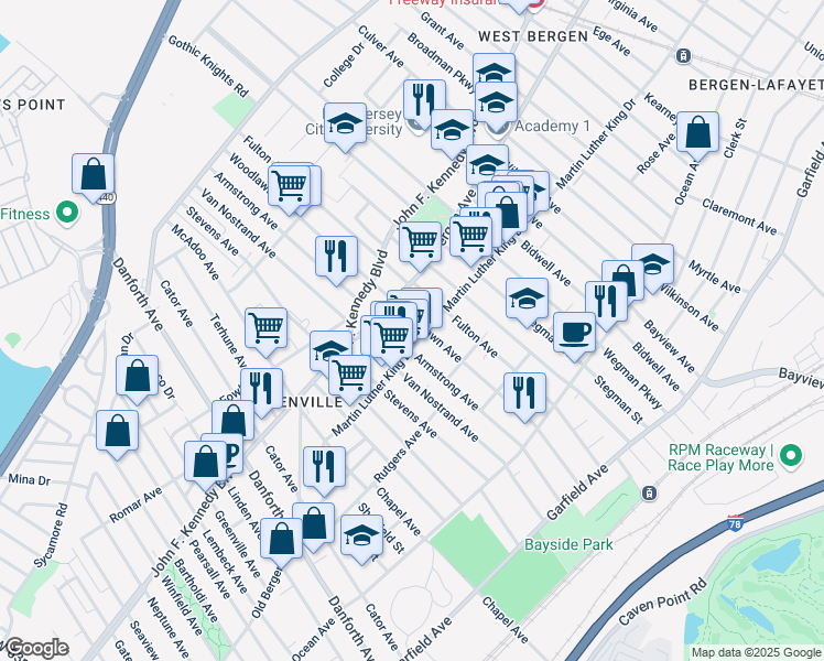 map of restaurants, bars, coffee shops, grocery stores, and more near 189 Woodlawn Avenue in Jersey City