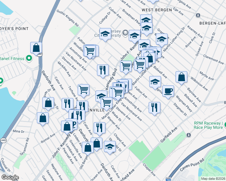 map of restaurants, bars, coffee shops, grocery stores, and more near 12 Bergen Avenue in Jersey City