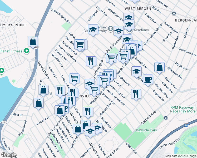 map of restaurants, bars, coffee shops, grocery stores, and more near 12 Bergen Avenue in Jersey City
