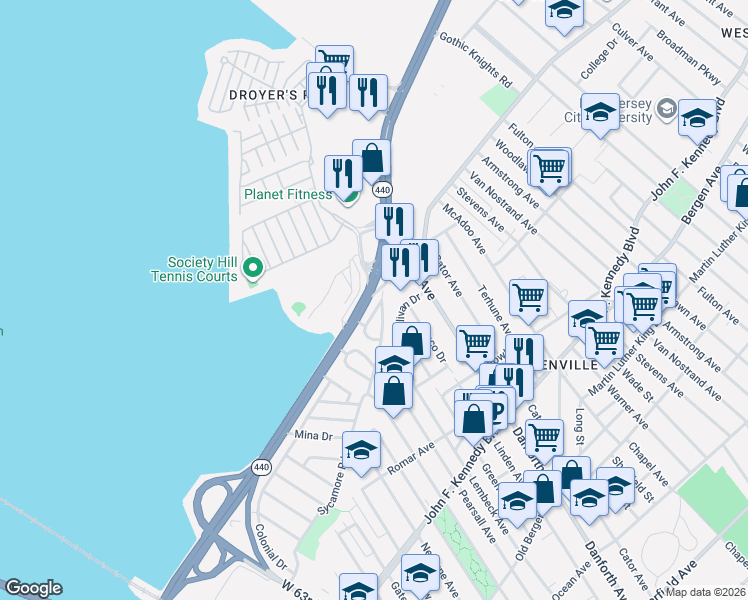 map of restaurants, bars, coffee shops, grocery stores, and more near 120 Suburbia Terrace in Jersey City