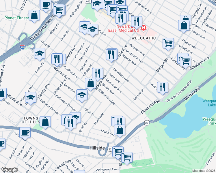 map of restaurants, bars, coffee shops, grocery stores, and more near 150 Bailey Avenue in Hillside