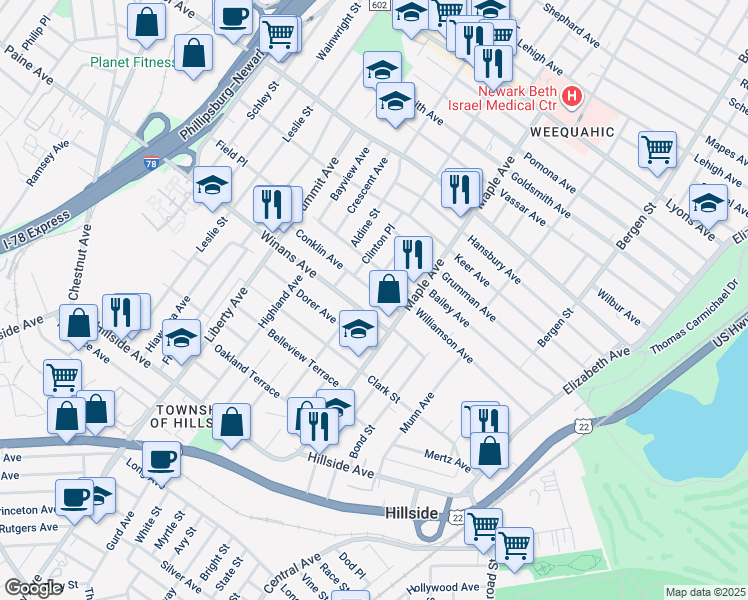 map of restaurants, bars, coffee shops, grocery stores, and more near 230 Conklin Avenue in Hillside