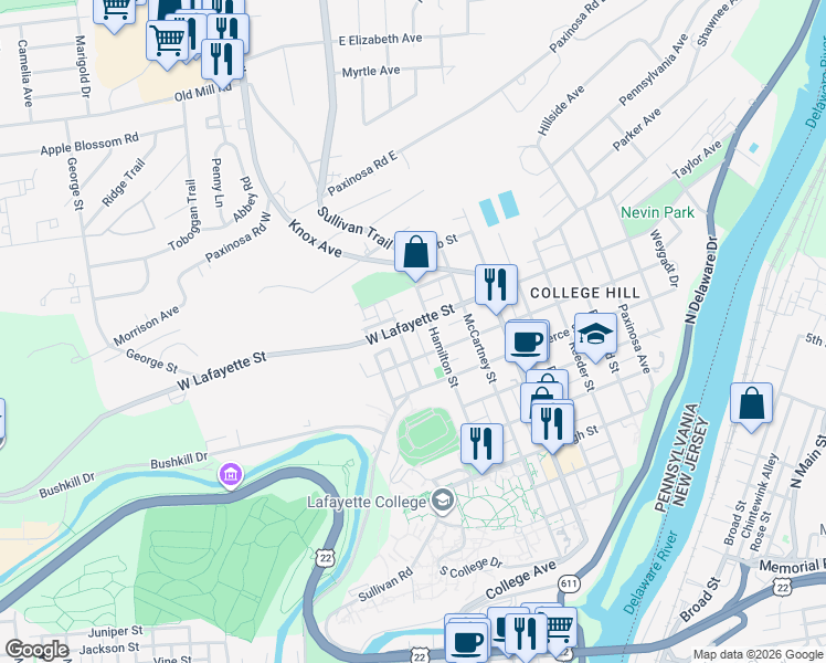 map of restaurants, bars, coffee shops, grocery stores, and more near 726 West Lafayette Street in Easton