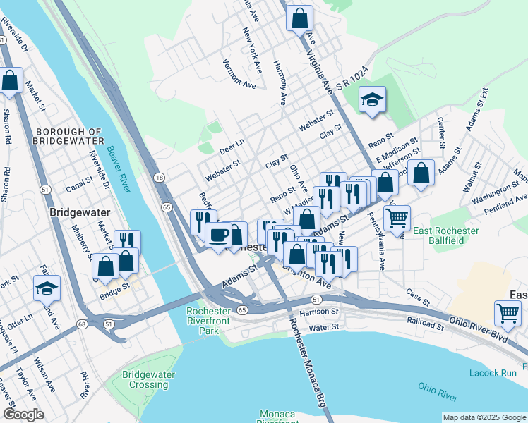 map of restaurants, bars, coffee shops, grocery stores, and more near 222 West Madison Street in Rochester