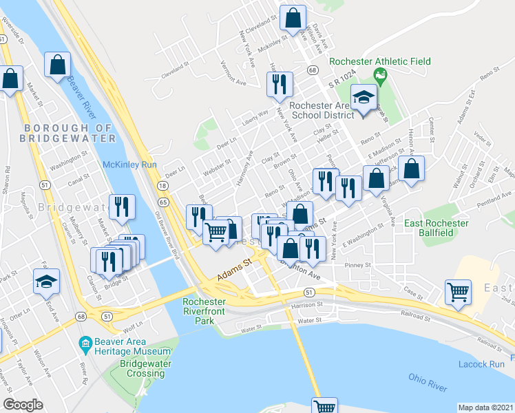 map of restaurants, bars, coffee shops, grocery stores, and more near 230 West Madison Street in Rochester