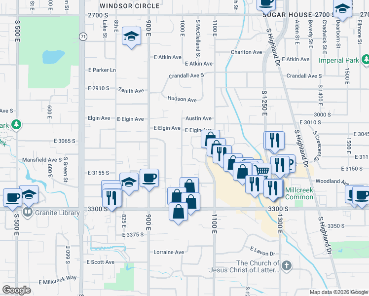 map of restaurants, bars, coffee shops, grocery stores, and more near 1004 East Welby Avenue in Salt Lake City