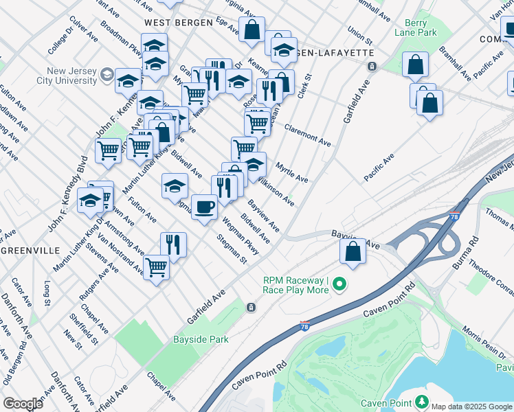 map of restaurants, bars, coffee shops, grocery stores, and more near 65 Bayview Avenue in Jersey City