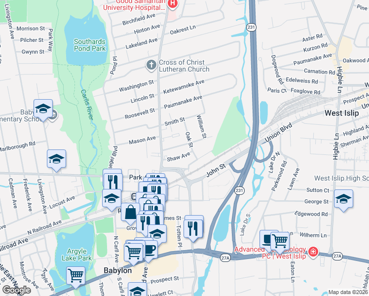 map of restaurants, bars, coffee shops, grocery stores, and more near 40 Ellen Avenue in Babylon
