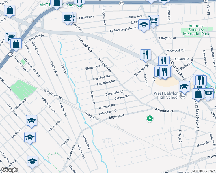 map of restaurants, bars, coffee shops, grocery stores, and more near 85 Avenue B in West Babylon