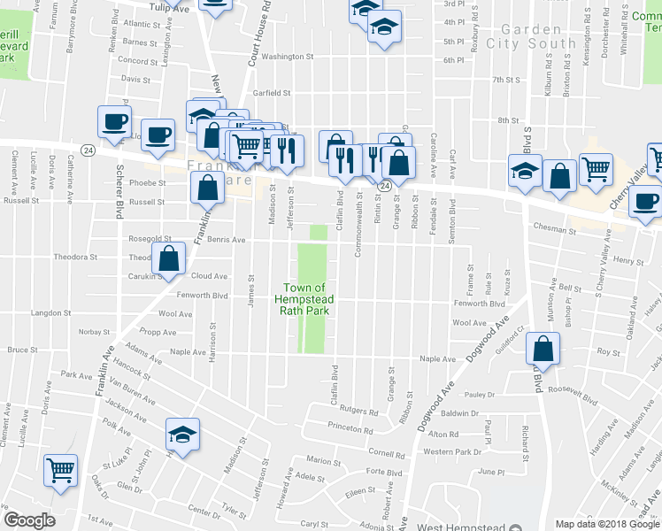 map of restaurants, bars, coffee shops, grocery stores, and more near 146 Claflin Boulevard in Franklin Square
