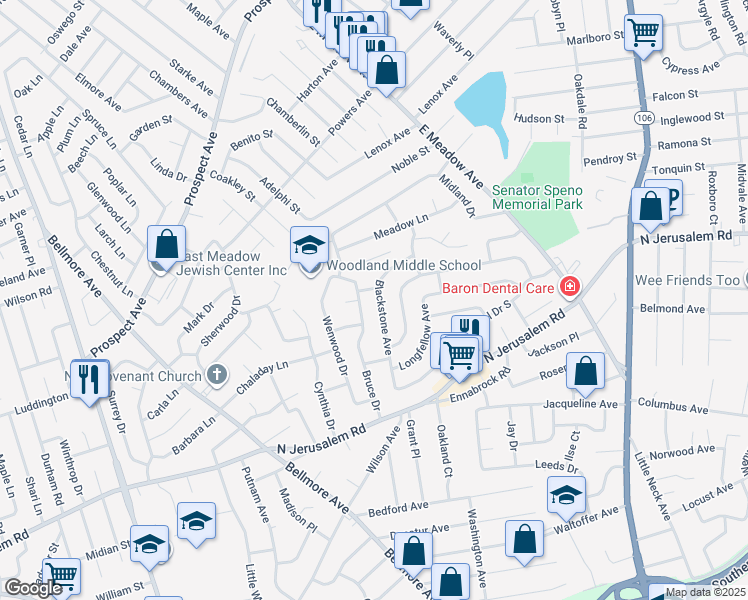 map of restaurants, bars, coffee shops, grocery stores, and more near 716 Blackstone Avenue in East Meadow