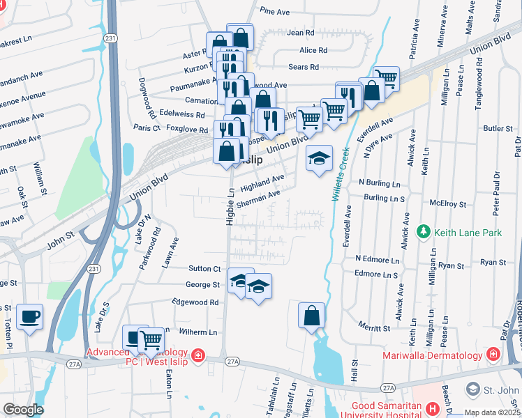 map of restaurants, bars, coffee shops, grocery stores, and more near 23 Barnard Street in West Islip