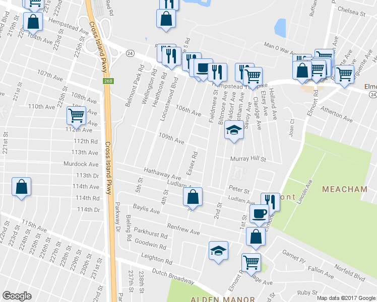 map of restaurants, bars, coffee shops, grocery stores, and more near 148 Warwick Rd in Elmont