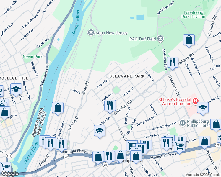 map of restaurants, bars, coffee shops, grocery stores, and more near 1 Park Square in Phillipsburg