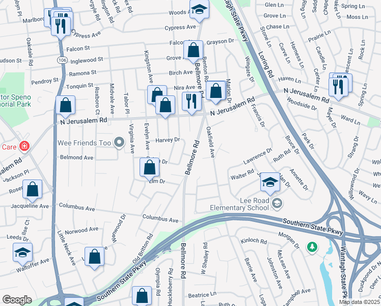 map of restaurants, bars, coffee shops, grocery stores, and more near 2761 Gateway in North Bellmore