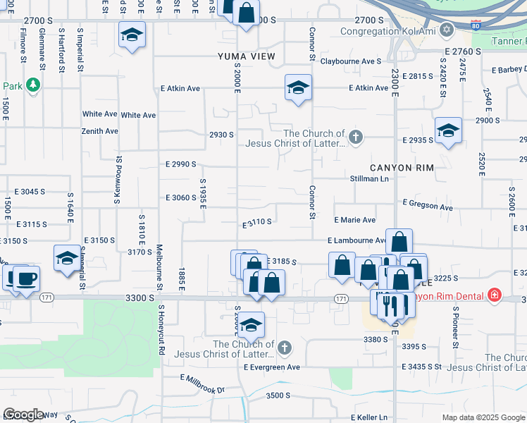 map of restaurants, bars, coffee shops, grocery stores, and more near 2048 Bell Tower Lane South in Salt Lake City
