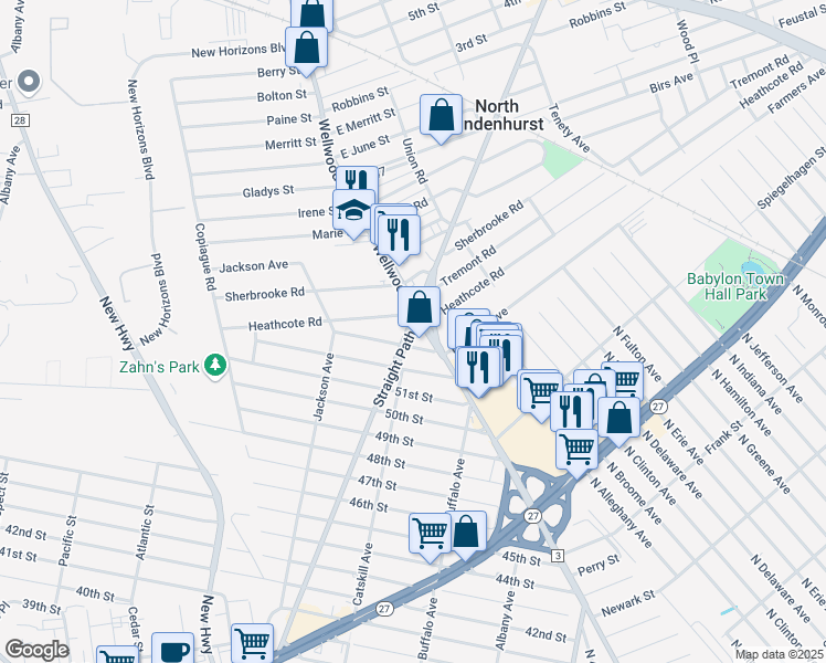 map of restaurants, bars, coffee shops, grocery stores, and more near Straight Path in Lindenhurst